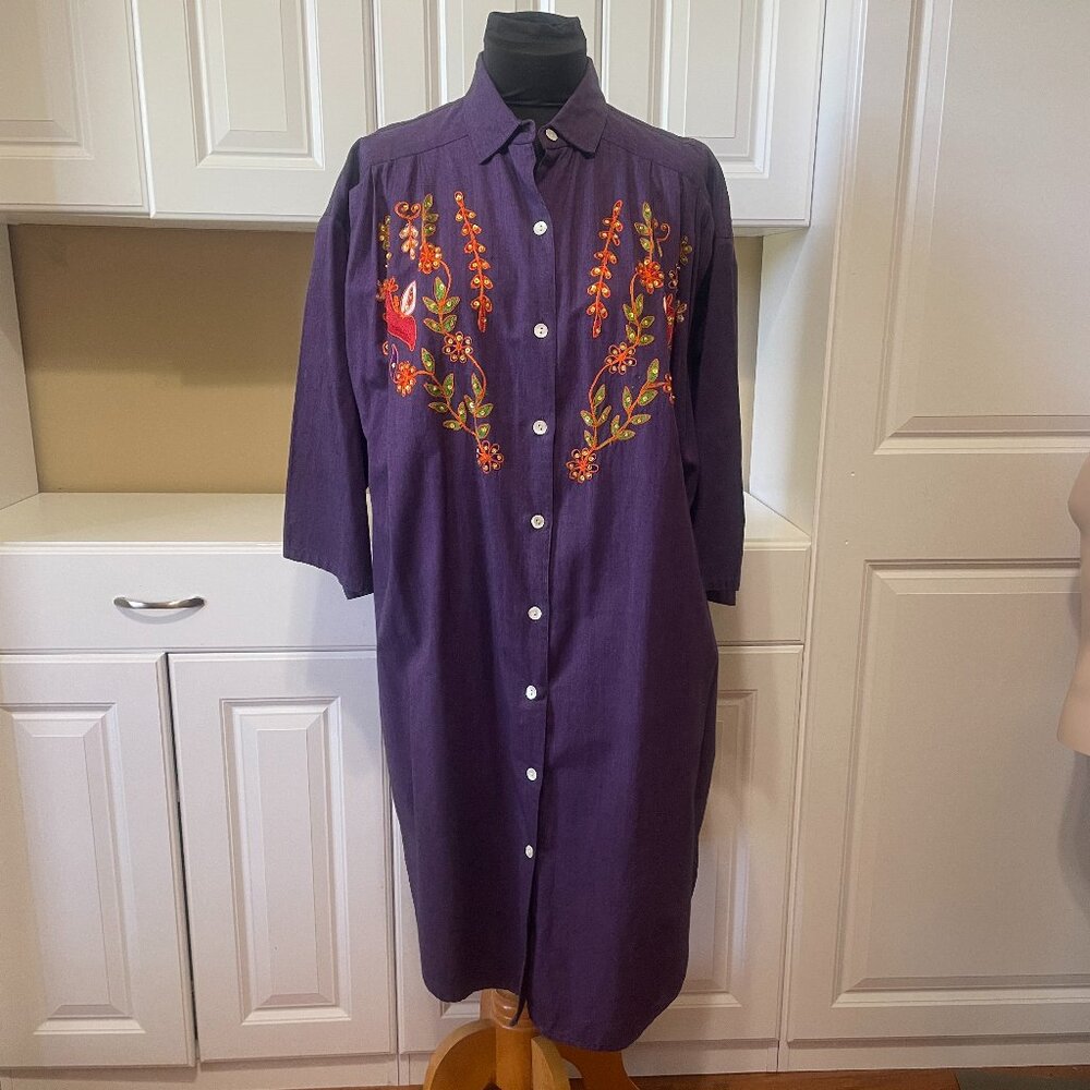 Go Softly VTG India Eastern Button Up Shift Dress Midi Cotton Vibrant Colors Med